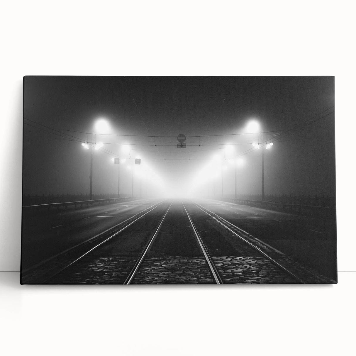 Large black and white stretched canvas of a European cityscape, ideal for kitchen wall art.