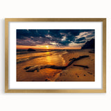 Abstract art print of a European Lithuanian landscape in muted earth tones on a gold-framed canvas.