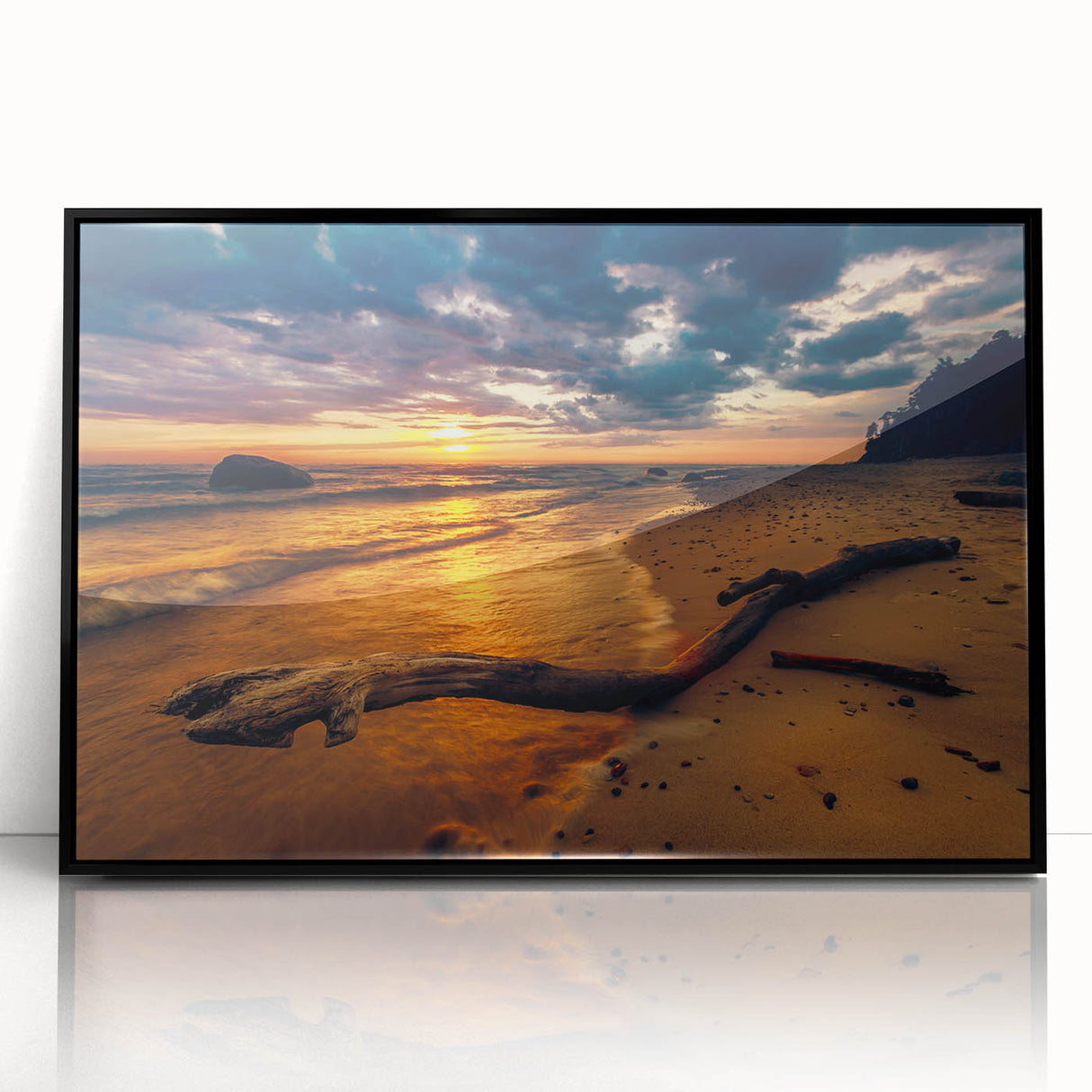 Large abstract wall art depicting a European Lithuanian landscape in muted earth tones on a framed acrylic.