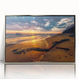 Mid-century modernist acrylic print of a serene Lithuanian landscape, framed in silver, suitable for modern art wall decor.