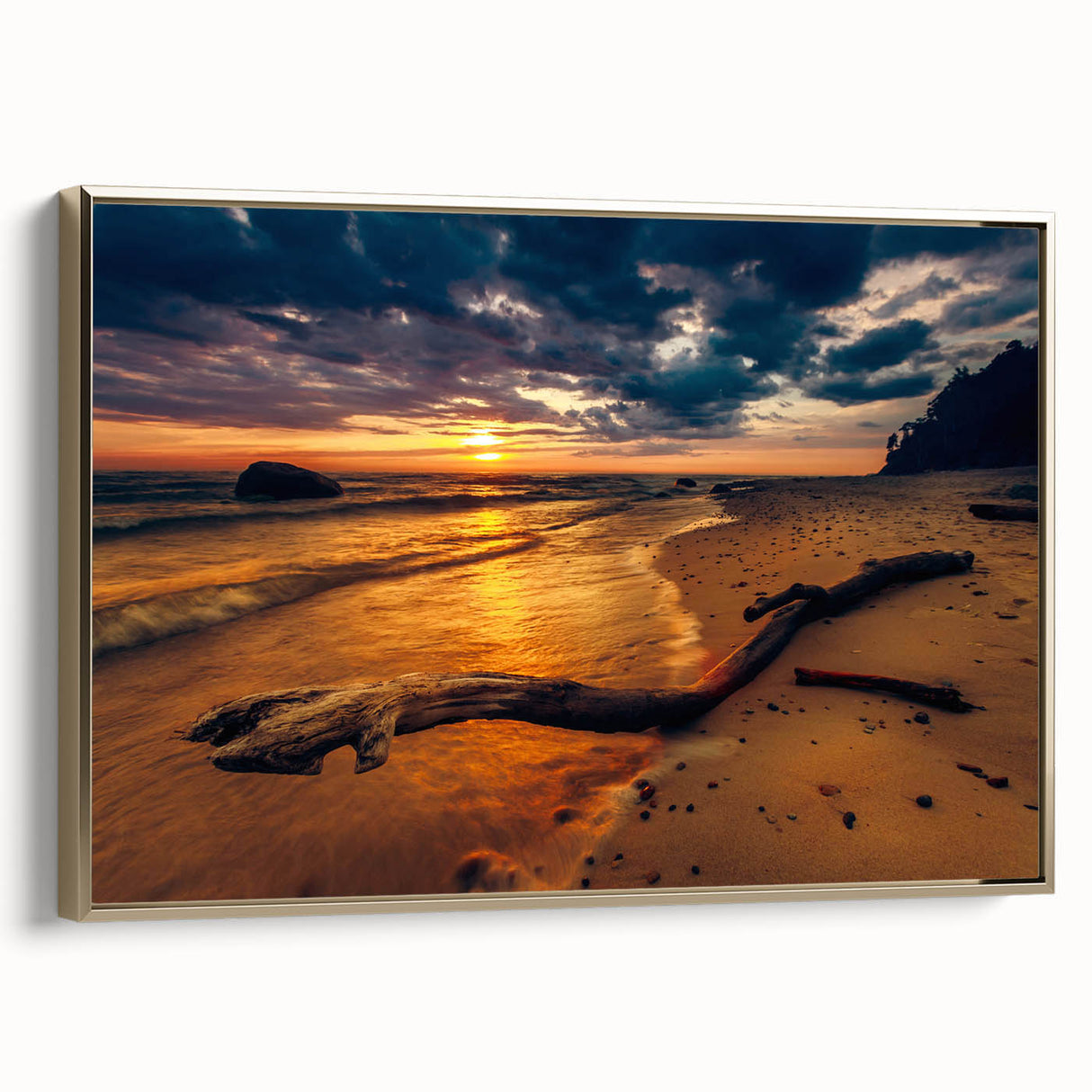 Framed canvas depicting a vintage-style Lithuanian landscape in muted gold and black tones, ideal for bedroom wall art.