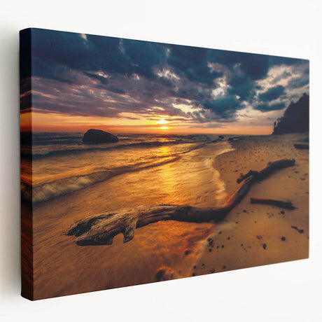 Lithuanian landscape on large stretched canvas, featuring muted green and blue tones, ideal for kitchen wall art.