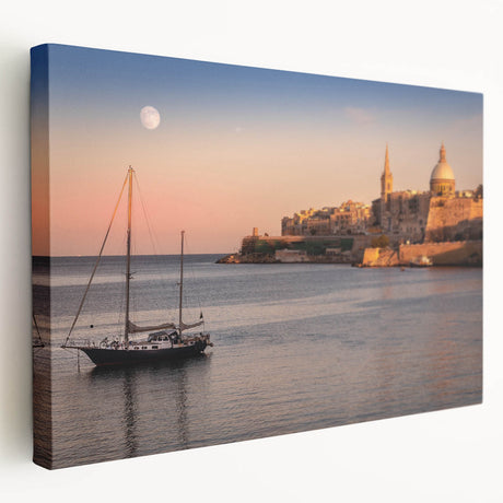 Large art print of a European Malta scenery in muted earth tones on stretched canvas, ideal for kitchen wall art.