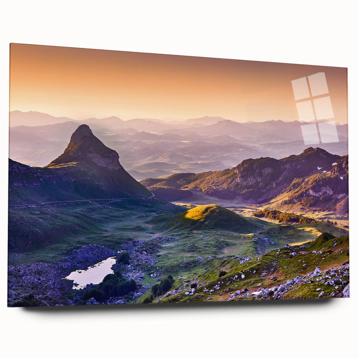 Large abstract wall art of a Montenegro scenery in muted blues and greens on acrylic glass.