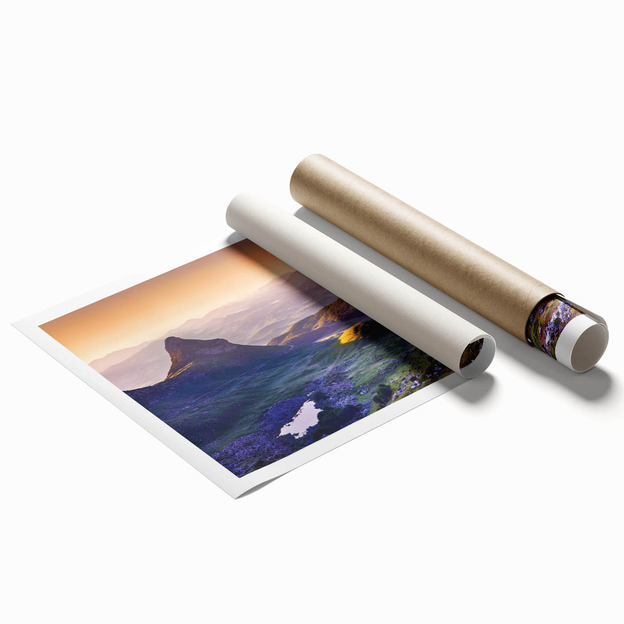 Extra large rolled print of a serene Montenegro landscape with muted green and blue tones.
