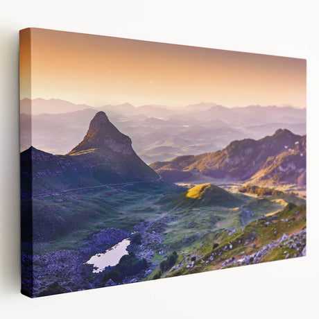 Large art depicting a scenic Montenegro landscape on stretched canvas, in vivid blue and green tones.
