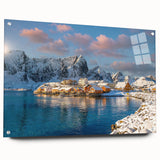 Acrylic print of a serene Norwegian landscape in muted green and blue tones, ideal for bedroom or dining room decor.