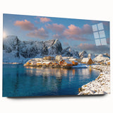 Large abstract wall art of a Norwegian landscape in muted blues and greens on acrylic glass.