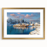 Abstract art print of a European Norway scenery in muted earth tones, framed with a gold mat, ideal for dining room decor.