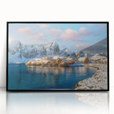 Large abstract wall art depicting a Scandinavian fjord in muted blue and green tones, framed in black acrylic.