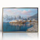 Art deco poster of a Norwegian scenery in muted gold and blue tones, framed acrylic, ideal for modern art wall decor.