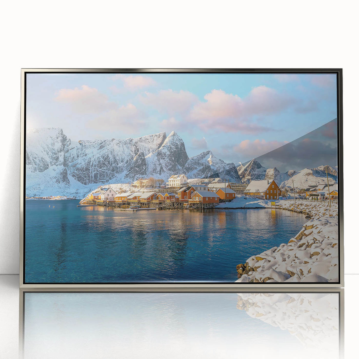 Framed acrylic print of a tranquil Norwegian landscape in soft, muted colors, ideal for modern art wall decor.