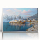 Mid-century modernist art depicting a serene Norway landscape in muted blues and greens on a framed acrylic.