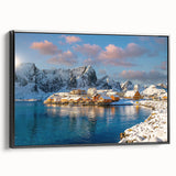 Black and white landscape art painting of a Norwegian scenery on a framed canvas, ideal for bedroom wall decor.
