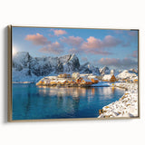 Framed canvas of a vintage-style Norwegian landscape in muted gold and black tones, suitable for bedroom wall art.