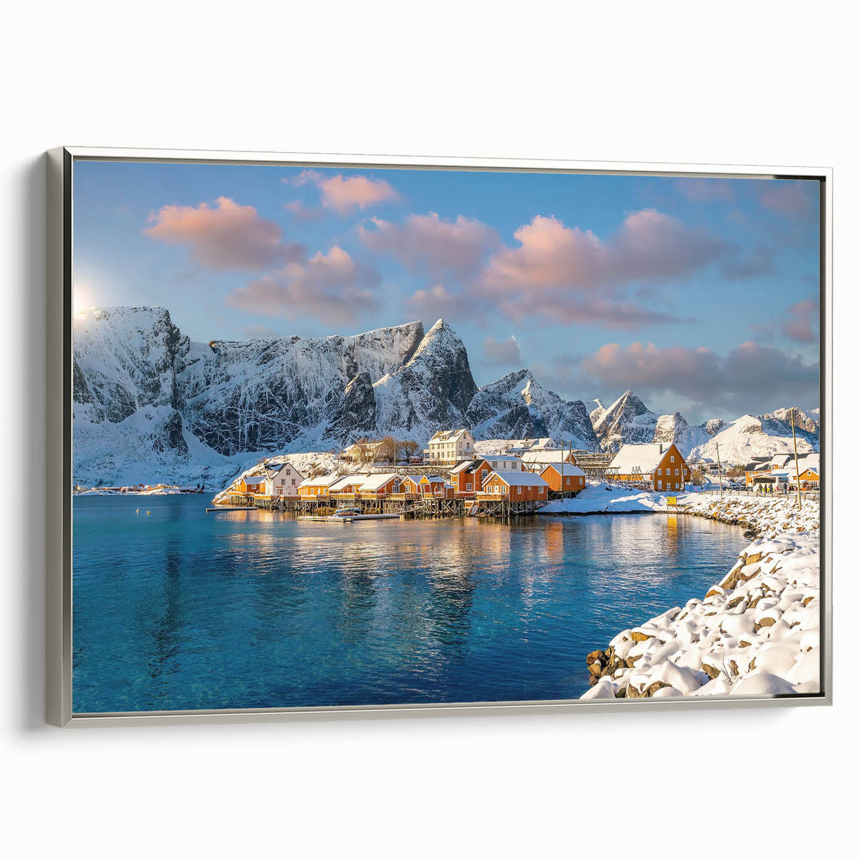 Framed canvas landscape art painting depicting a vintage Norwegian scenery in black with colorful accents.