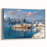 Framed canvas landscape art painting depicting a vintage Norwegian scenery in black with colorful accents.