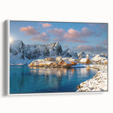 Framed canvas vintage poster art depicting a colorful Norwegian landscape, ideal for living room decor.