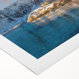 Art deco poster featuring a serene Norwegian landscape in muted blue and green tones on rolled canvas.