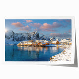 Rolled print of a serene Norwegian landscape in muted green and blue tones, ideal for art wall dining room.