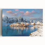 Black and white photograph of a Norwegian landscape on stretched canvas, ideal for kitchen wall art.