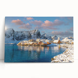 Black and white photo of a Norwegian landscape on stretched canvas, ideal for kitchen wall art.