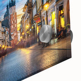 Large abstract wall art featuring a mid-century modernist European scenery in muted tones on acrylic glass.