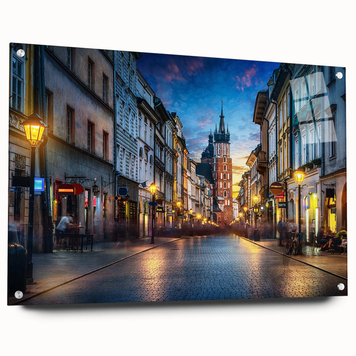 Acrylic print of a European landscape in muted green and blue tones, suitable for bedroom or dining room decor.