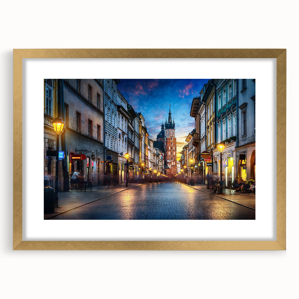 Extra large abstract art print featuring a colorful, textured depiction of a European scenery, framed in gold.