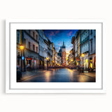 Abstract art print of a European scenery in muted earth tones, framed with a white mat, ideal for dining room decor.