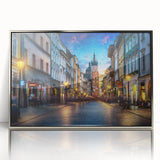 Large art print of a European scenery in Poland, depicted in mid-century modernist style on silver-framed acrylic.