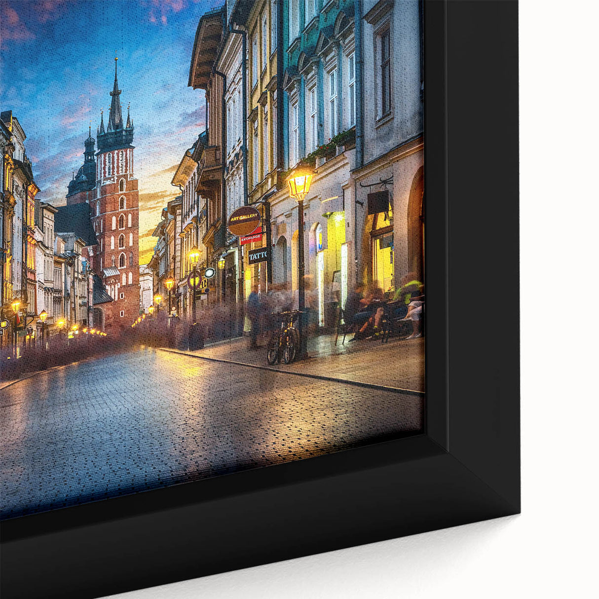 Extra large framed canvas featuring a textured depiction of a European scenery in black with colorful accents.