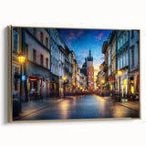 Framed canvas depicting a vintage European landscape in muted gold and black tones, suitable for bedroom decor.