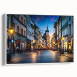 Landscape art painting of a scenic Polish village on framed canvas, featuring vibrant colors and vintage poster style.