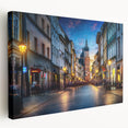 Large art print of a European cityscape in muted grays and blues on stretched canvas, ideal for kitchen wall art.