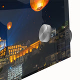 Large abstract wall art of Porto, Portugal in muted blue and orange tones on acrylic glass.