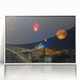 Mid-century modernist art depicting Porto, Portugal in acrylic, framed, with muted earth tones, ideal for nursery wall art.