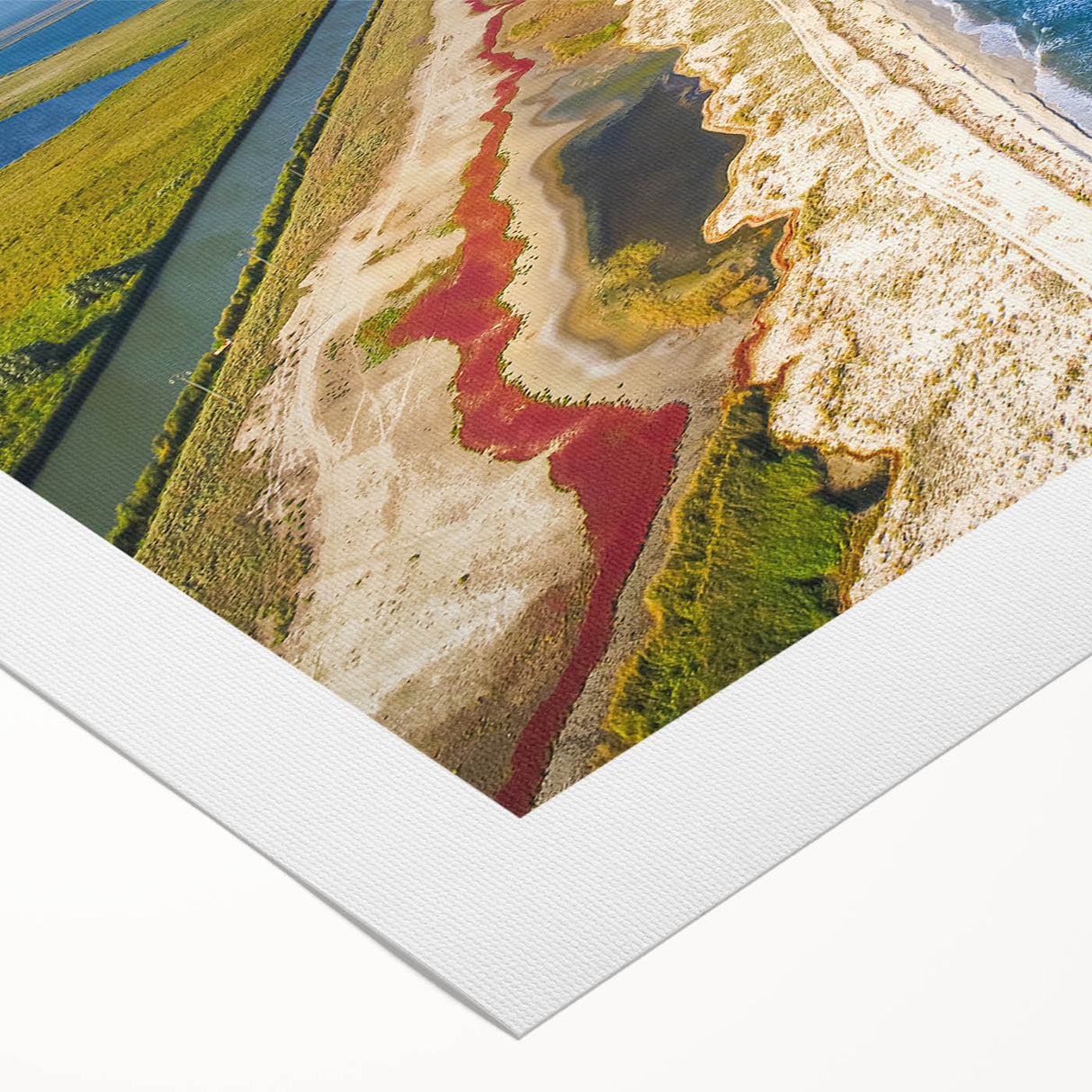 Art deco poster featuring a serene Romanian landscape in muted green and blue tones on rolled canvas.