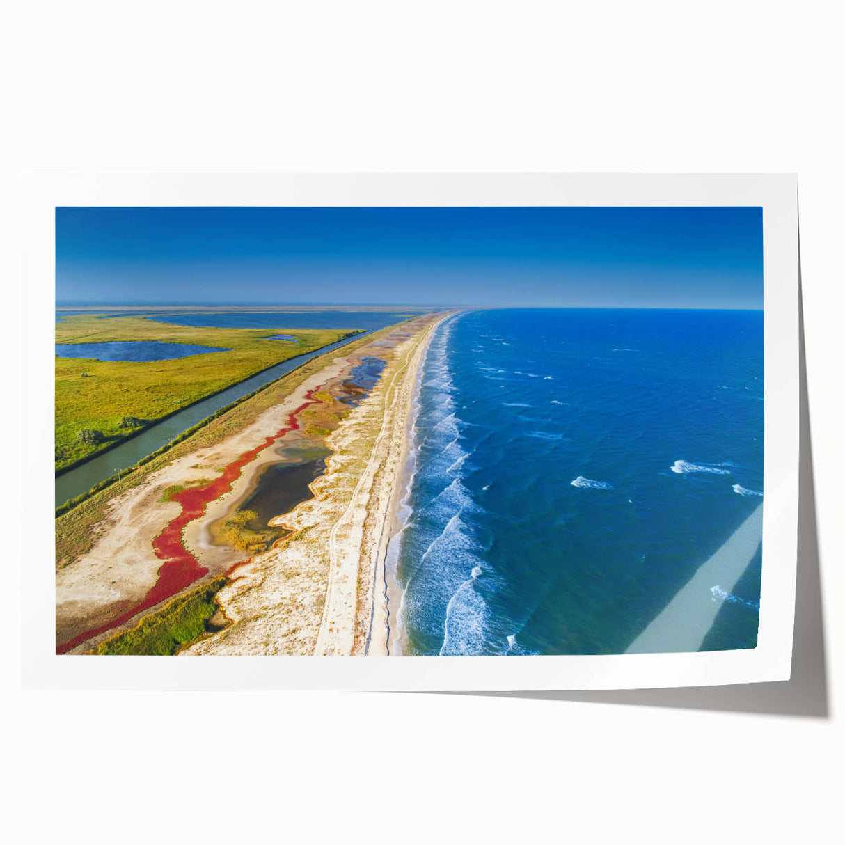 Rolled print of a Romanian landscape with vibrant green fields and blue skies, ideal for art wall dining room.