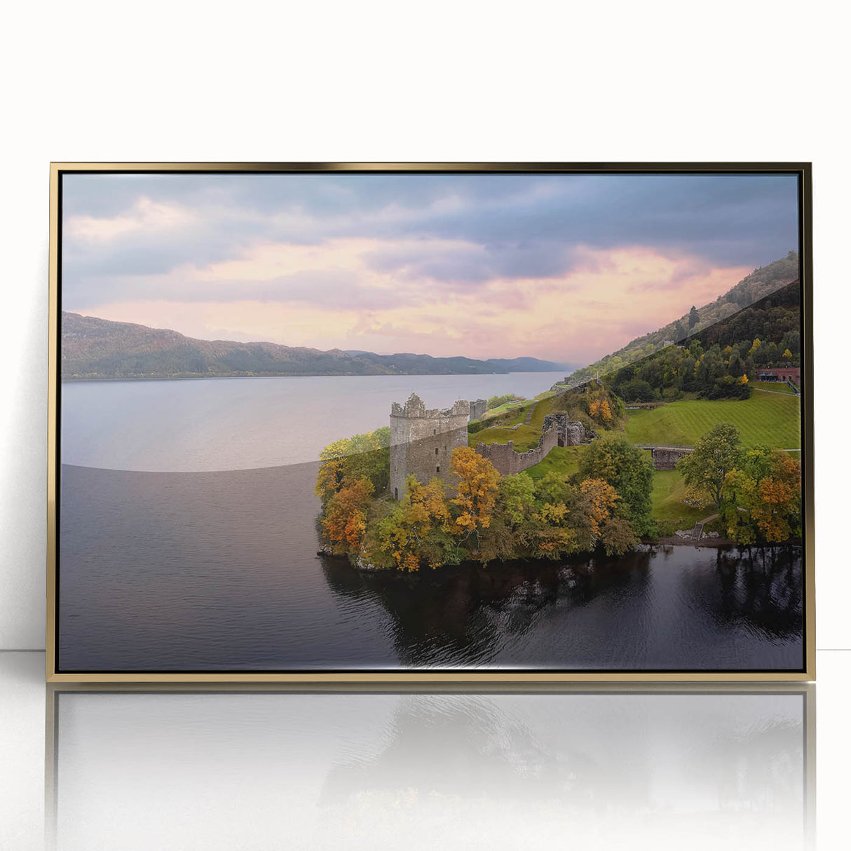Art deco poster of a Scottish landscape, featuring muted earth tones on a framed acrylic, ideal for modern nursery wall art.