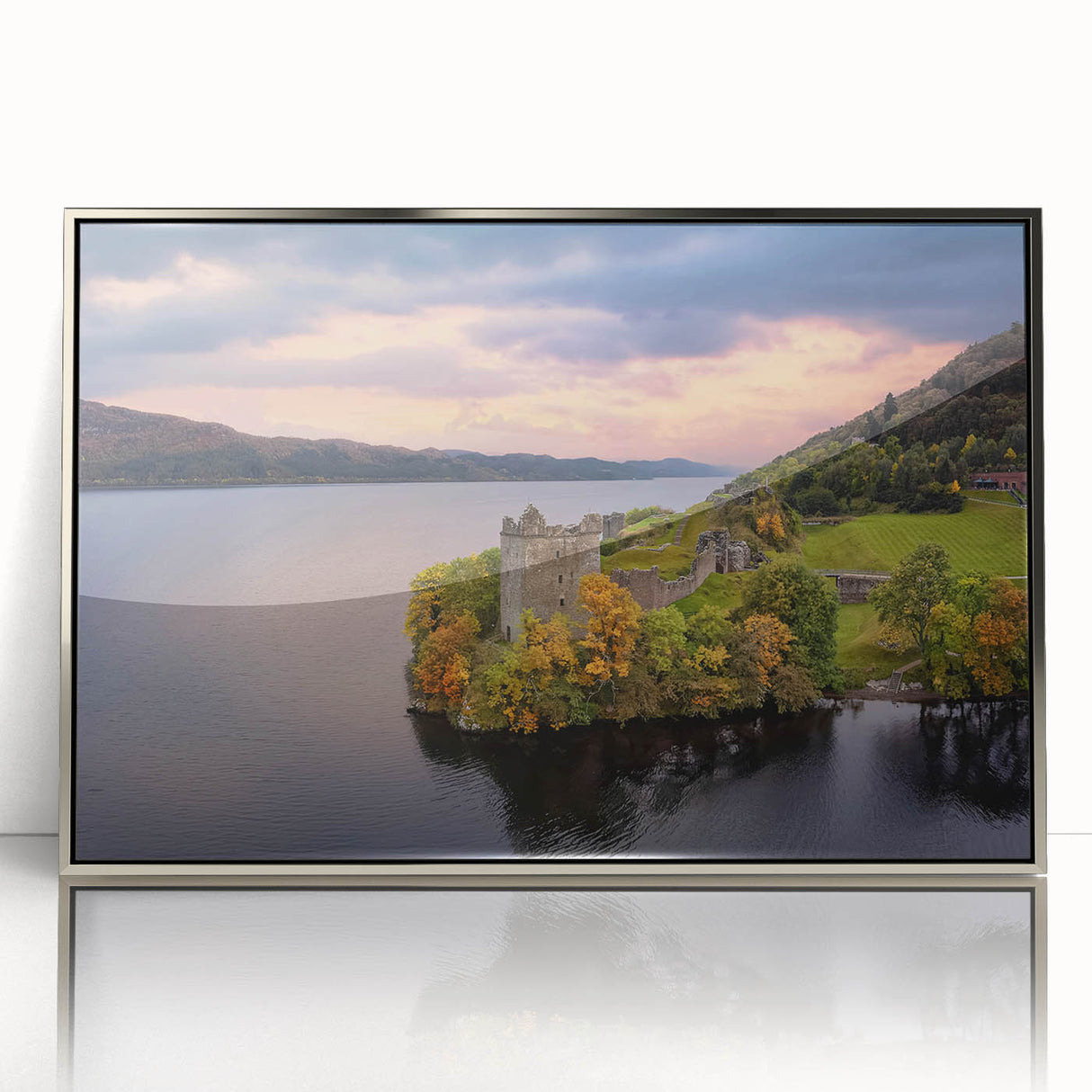 Large acrylic print of a serene Scottish landscape in silver frame, ideal for modern nursery wall art.
