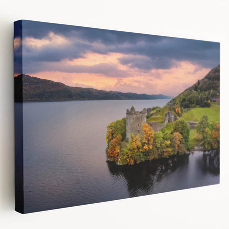 Large canvas print of a serene Scottish landscape in muted green and blue tones, suitable for kitchen wall art.