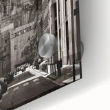 Large abstract wall art depicting Barcelona scenery in muted earth tones on acrylic glass, suitable for dining room ambiance.