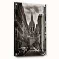 Acrylic print of a large abstract depiction of Barcelona, featuring vibrant hues of blue and orange.