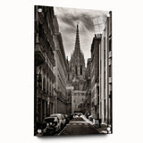 Acrylic print of a large abstract depiction of Barcelona, featuring vibrant hues of blue and orange.