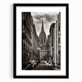 Extra large colorful abstract art print of Barcelona scenery on textured canvas, framed in black.