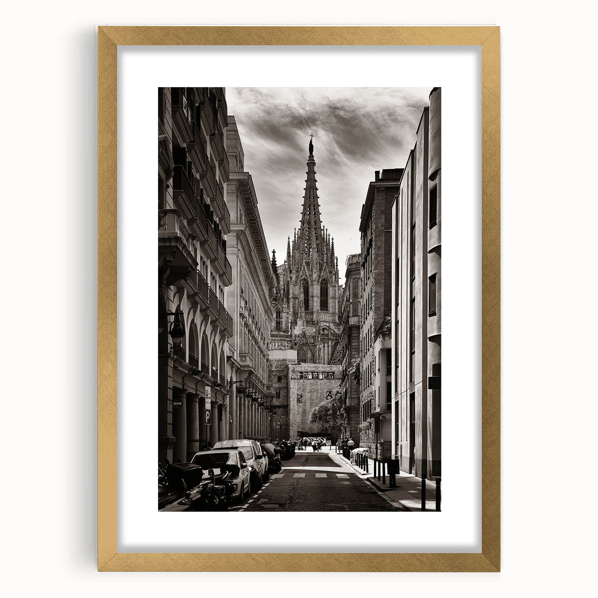 Abstract art print of Barcelona cityscape in muted earth tones on a framed canvas, suitable for dining room decor.