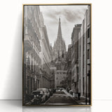 Art deco poster of Barcelona skyline in muted gold tones on acrylic framed material, suitable for modern art wall decor.