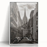 Mid-century modernist art of Barcelona skyline in muted blue and white tones on framed acrylic.