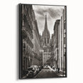 Black and white vintage poster art of Barcelona landscape on framed canvas, suitable for bedroom decor.